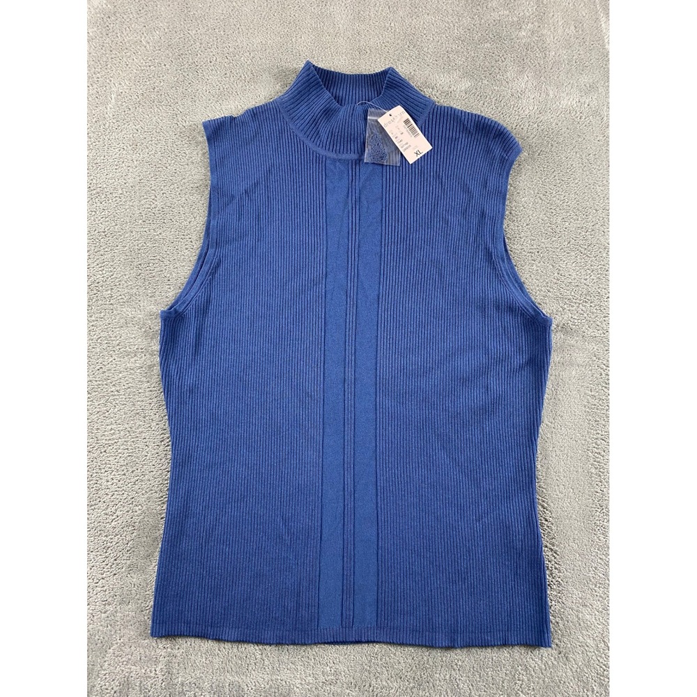 Dressbarn Womens XL Blue Mock Neck Sleeveless Ribbed Knit Career Shell Top NWT